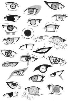 an image of various anime eyes with different shapes and sizes, all drawn in pencil