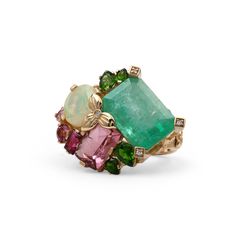 - White Diamond 0.05ct- Colombian Emerald 10ct - Pink Tourmaline 3.38ct - Opal 2ct- Chrome Diopside 1.12ct- Rhodolite Garnet 0.30ct Length (in): 0.90Width (in): 0.97Height (in): 0.34Weight (g)*: 12.06 Colombian Emeralds, Rhodolite Garnet, Bracelet Collection, Pink Tourmaline, White Diamond, Ring Designs, Ring Earrings, Tourmaline, Jewelry Shop