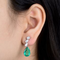 Zambian Emerald Dangle Earrings SI/H Pear Diamond 18k White Solid Gold 12.69 Tcw Pear-shaped Diamond Earrings With 17 Jewels, Pear-shaped Bridal Earrings In Fine Jewelry Style, Green Teardrop Earrings With Prong Setting, Formal Fine Jewelry Teardrop Pear Earrings, Formal Teardrop Pear-shaped Fine Earrings, Fine Jewelry Pear-shaped Earrings With Prong Setting, Formal Single Pear-shaped Earring, Formal Pear-shaped Single Earring, White Gold Pear-shaped Fine Jewelry Earrings