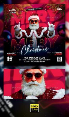 christmas party flyer template with santa clause on the front and back, in two different colors