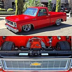 an old red truck is parked in front of a house and another photo of the same car