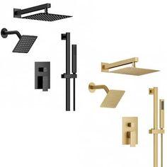 an assortment of bathroom accessories including shower faucets