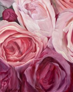 an oil painting of pink and red roses