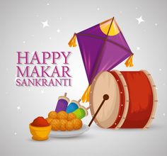 happy makar sanki festival with colorful kite and food