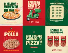 the menus for pizza are displayed in four different colors