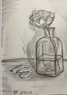 a drawing of a bottle with a rose in it and a piece of paper next to it