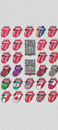 the rolling stones stickers are all different sizes and colors, including red, white, and blue