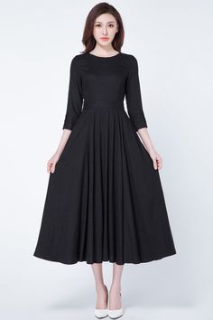 "Black dress in classic style. DETAILS * 50% linen , 50% cotton blend * No lining * Seam pockets * 3/4 sleeves, pleated on the hem of the sleeves * Right zipper closure * Fit and flare dress * Midi Length * Summer, Spring, Autumn * Wash by hand or machine with cold water, Ironing after dry * Size Guide https://www.etsy.com/listing/722950722 * SIZE CHART https://www.etsy.com/listing/736810337 * Fabric Swatch https://www.etsy.com/listing/809552461 SIZE GUIDE Size vary between Brand and Country Ple Formal Maxi Dress With 3/4 Sleeves For Summer, Formal Linen Maxi Dress, Elegant Half Sleeve Maxi Dress For Fall, Spring Formal Maxi Dress With 3/4 Sleeve, Elegant Linen Dress With 3/4 Sleeves, Formal Long Sleeve Linen Dress, Pleated A-line Linen Dress, Black Linen Dress Outfit, Linen Dress Outfit