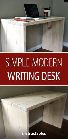 a simple modern writing desk made out of plywood planks with text overlay that reads, simple modern writing desk