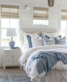 a bedroom with white walls and blue accents