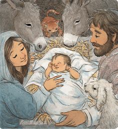 a baby in a manger surrounded by donkeys