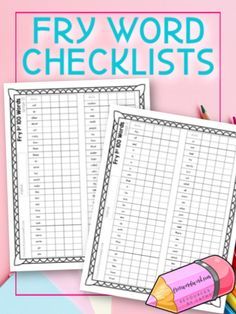 two printable checklists with pencils and crayons next to them on a pink background