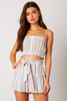 Blue Striped Cropped Two-Piece Skort Set Two Piece Romper, Two Piece Shorts Set, Striped Two Piece, Cute Skirt Outfits, Chic Summer Outfits, Crop Top And Shorts, Body Dress, White Shirt Dress, Dresses For Teens