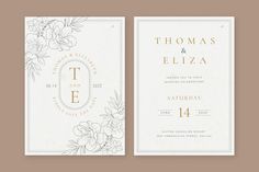 two wedding cards with flowers on them, one is gold and the other is white