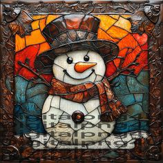 a stained glass snowman with a hat and scarf