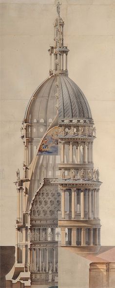 an old drawing of a building with a dome on it's top and other architectural details