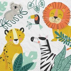 an animal themed napkin with different animals and leaves on it's surface, including a zebra, lion, giraffe, and toucan