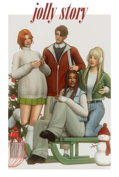 a group of people sitting on top of a green sled next to a christmas tree