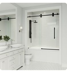 a white bathroom with two sinks and a large mirror above the bathtub is shown