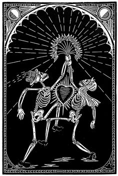 a black and white drawing of two skeletons dancing