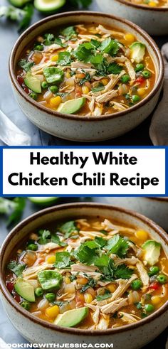 two bowls of healthy white chicken chili recipe with avocado and cilantro