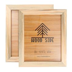 two wooden frames with the words wood side on them and an image of a pine tree