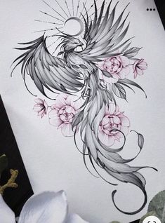 a drawing of a bird with flowers on it's back and wings flying in the air