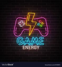 neon gaming game energy sign on brick wall