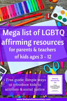 a purple poster with the title mega list of lgbt affirming resources for parents and teachers of kids ages 3 - 12