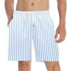 Blue White Striped Men Swim Trunks, Mid Length Shorts Beach Pockets Me – Starcove Fashion Bathing Suit Plus Size, Comfortable Swimwear, Beach Wardrobe, Beach Volley, Mid Length Shorts, Plus Size Swim, Boring Clothes, Swimwear Shorts, Mens Swim Trunks