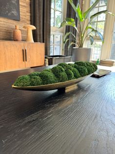 a wooden table topped with lots of green moss growing on top of it's sides