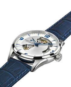 Hamilton's Jazzmaster watch balances tradition with ingenuity. Swiss-made with automatic movement. Style #H32705651 Hamilton Jazzmaster, Leather Strap Watch, Open Heart, Swiss Made, Blue Leather, Jaeger Watch, Leather Straps, Leather, Blue