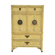 "Genuine Dixie Shangri-La armoire features Asian style hardware, feet caps, fretwork details, storage cabinet and four dovetailed drawers that open and close well. It is in good vintage condition with scuffs and scratches from normal wear and age. *Measures 38\" wide × 18.5ʺ deep × 56\" high. *Includes its original hardware. *Comes from a smoke free home. I am Elle Woodworth and my husband and I are experts at sourcing vintage treasures. Interested in seeing more? Meet us at our Fort Myers, FL w Dixie Furniture, Armoire Dresser, Yellow Wood, Furniture Dimensions, Second Hand Furniture, Hollywood Regency Style, Wood Panels, Bedroom Furniture Dresser, Shangri La