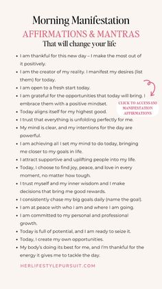 a pink and white photo with the words morning maniesation affirmations & mantras that will change your life