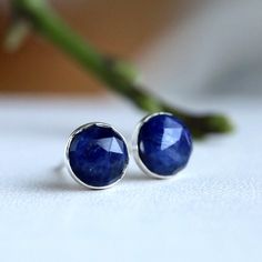 Blue Sapphire Stud Earrings. Handmade of beautiful Rose Cut Gemstones set in Sterling Silver.  MATERIALS: * sapphire * Sterling Silver * sturdy push backings * beautiful gift box + card about sapphire GEMSTONE SIZES: - 4x4 mm, tiny - 8x8 mm, medium - 10x10 mm, large MAKE A SET: Matching Gold Ring: https://etsy.me/3rGnlcF BLUE SAPPHIRE: ∙ September Birthstone ∙ 5th and 45th Wedding Anniversary Gemstone ∙ Talisman for Virgo, Gemini ∙ Throat Chakra (Vishuddha)/Third eye chakra (Ajna) Sapphire symbo Faceted Round Sapphire Jewelry, Blue Round Stone Earrings For Gift, Blue Faceted Round Earrings, Blue Round Faceted Earrings, Hypoallergenic Sapphire Round Earrings, Nickel-free Sapphire Round Earrings, Vishuddha Chakra, Blue Gemstone Earrings, Sapphire Stud Earrings