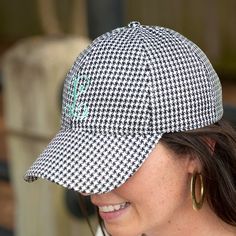 "Our monogram women's houndstooth baseball caps are perfect for running errands, tailgating and great for those bad hair days! Our cap can be monogrammed with a single or triple initial, name. If ordering the three initials please put them in the order you would like them to appear on the hat. Traditionally the order is first, last, middle initial. Baseball caps are so popular - these will have you right on trend. This will prevent any confusion as to how the monogram should be done. Further per Preppy Hat, Preppy Monogram, Monogram Hats, Hat Day, Personalized Hats, Custom Caps, Trendy Hat, Womens Baseball Cap, Bad Hair Day