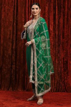 Dark green kurta with gota, dori and badla embroidered bodice and cuffs. Paired with a pant with gota embroidered panels and chequered pattern dupatta. - Aza Fashions Green Palazzo Set With Sheer Dupatta, Green Transitional Season Unstitched Suit, Green Transitional Season Suit Material, Kurta Cotton, Kurta Pant Set, Embroidered Bodice, Kurta With Pants, Pants Pattern, Checkered Pattern