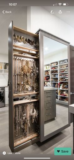 an open closet with lots of jewelry in it