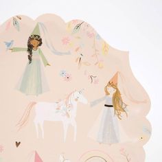 a paper plate with princesses and unicorns on the front, in pastel colors