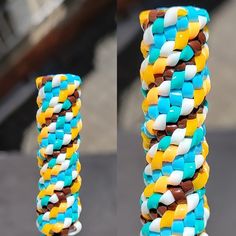 two pictures of different colored beads on a pole