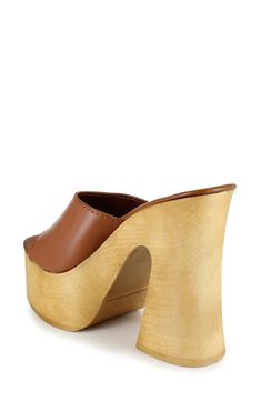 A woodgrain platform and soaring block heel lend scene-stealing height and retro-cool appeal to a slide sandal that will elevate your trendsetting looks. 4" heel; 2" platform Leather upper and lining/synthetic sole Made in Spain Brown Open Toe Clogs With 4-inch Heel, Trendy Wedge Heels With Wooden Heel, Summer Retro Brown Mules, Trendy Wooden Wedge Heels, Trendy Wedge Sandals With Wooden Block Heel, Brown High Heel Clogs With Sculpted Heel, Modern Brown Heels With Wooden Heel, Brown Clogs With Sculpted Heel For Spring, Brown Wedge Sandals With Platform Block Heel