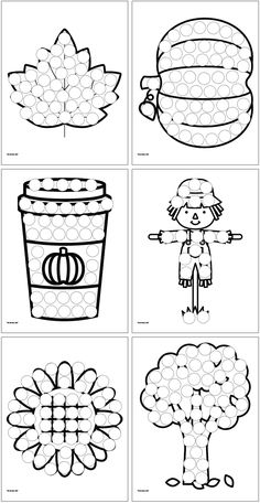 four pictures with different things to color in the shape of flowers and leaves, including an apple