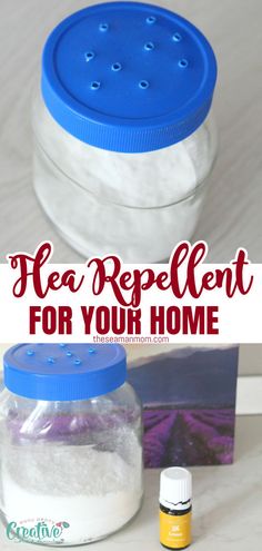 a jar filled with white sand next to a blue lid and the words tea repelent for your home