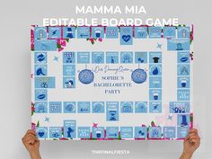 a person holding up a board game with the words,'mamma mia editable board game '