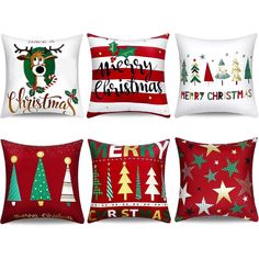 four christmas pillows with different designs on them