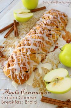 an apple cinnamon cream cheese breakfast braid with apples and cinnamon sticks