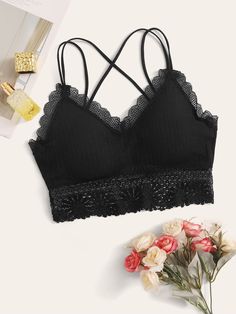 Black Romantic   Nylon Plain A Piece Embellished High Stretch  Women Intimates Women Bras, Bra Types, Black Bralette, Bra Set, Bra Women, Grey Fashion, Festival Bra, Women Lingerie, Lace Detail