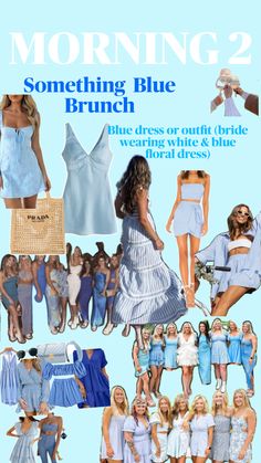 blue dresses and other clothing are featured in this advertisement