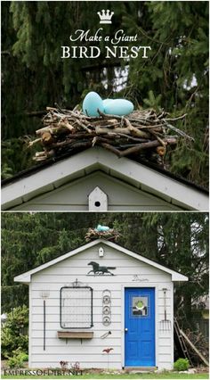 a bird nest sitting on top of a white house next to a blue front door