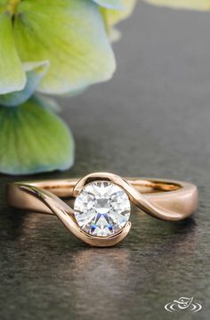 a close up of a ring with a flower in the background